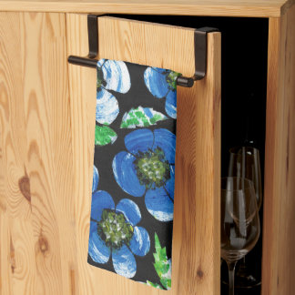 Chique Blauwe Acryl Bloemen op Zwarte Keukenhanddo Theedoek