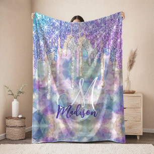 Chique blauwe aqua eenhoorn druipende glitters mon fleece deken