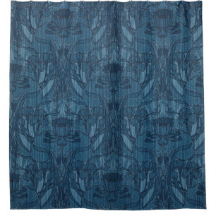 Chique Blauwe Art Nouveau Iris Botanisch Patroon Douchegordijn