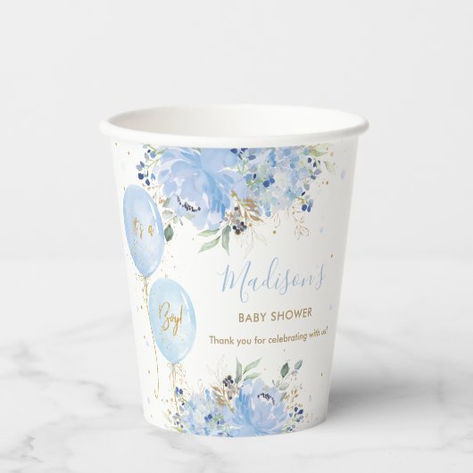 Chique Blauwe Ballonnen Blauw Bloemen Jongen Baby Papieren Bekers (Voorkant)