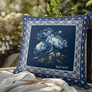 Chique blauwe bloem chinoiserie monogram cadeau kussen