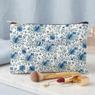Chique blauwe en saliegroene bloemige toilettas etui