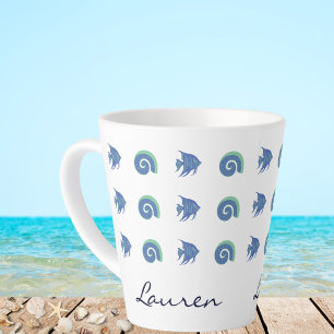 Chique Blauwe en Witte Visschelpen Beach House Latte Mok