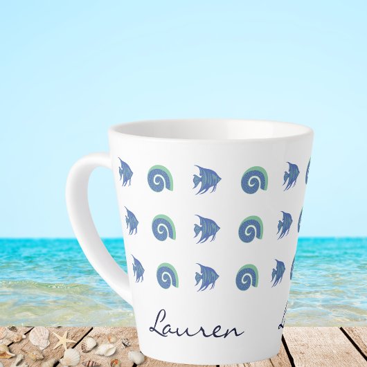 Chique Blauwe en Witte Visschelpen Beach House Latte Mok