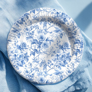 Chique blauwe Franse toile rozen bloemen papieren  Bordje