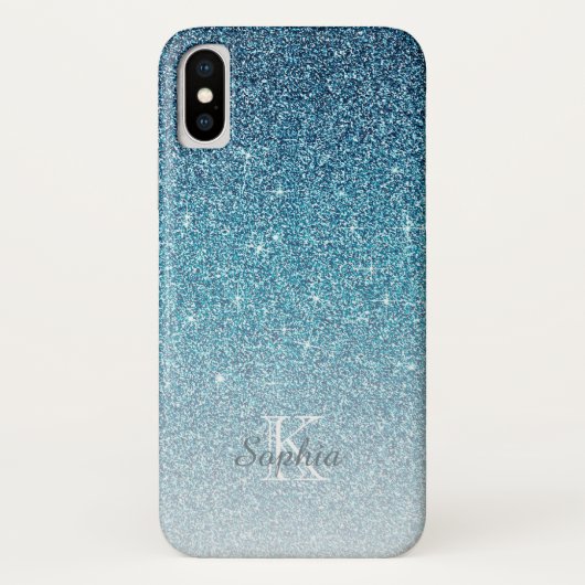 Chique Blauwe Glitter Glans Monogram Naam Case-Mate iPhone Case (Achterkant)