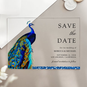 Chique Blauwe Pauw Indiase Trouw Save the Date Acryl Uitnodigingen