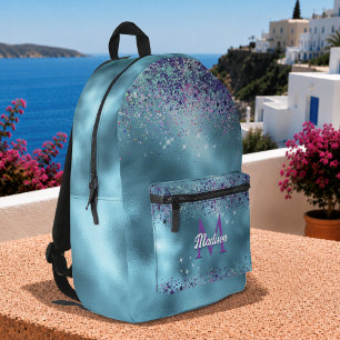 Chique blauwe roze iriserende glinster monogram bedrukte rugzak
