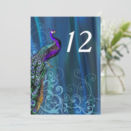 Chique blauwe satijnen uitziende huwelijks tafel n kaart (Staand voorkant)