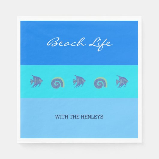 Chique blauwe strepen vis shell familie strand hui servet (Voorkant)