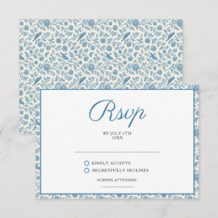 Chique Blauwe Toile de Jouy Bloemenrand Bruiloft RSVP Kaartje