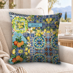Chique blauwe turquoise Siciliaanse citrus bloemte Kussen