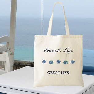 Chique blauwe vis en schelpen strand leven tote bag