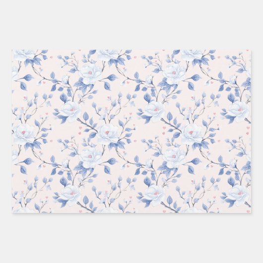Chique Blauwe Witte Bloemige Bruids-Shower Inpakpapier Vel (Voorkant 2)