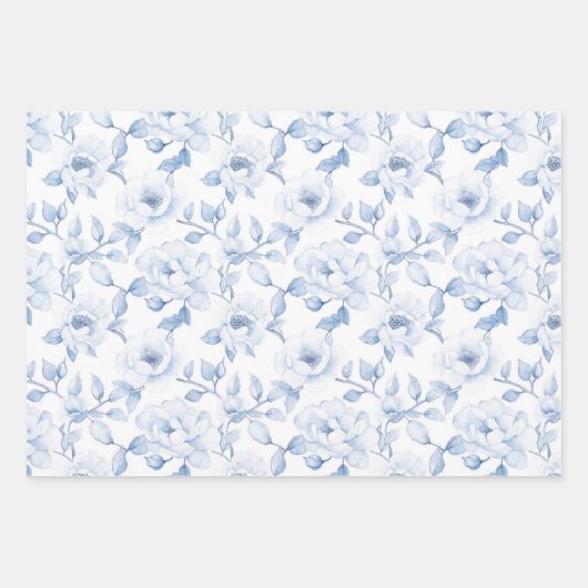 Chique Blauwe Witte Bloemige Bruids-Shower Inpakpapier Vel (Voorkant)