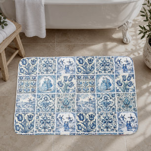Chique blauwe witte toile de jouy poppen en bloeme badmat