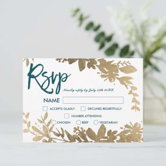 Chique blauwgroen script Floral bladgoud rsvp brui Kaart (Staand voorkant)