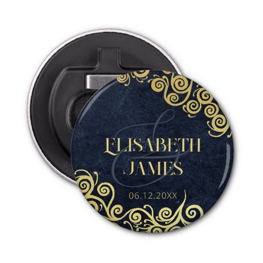 Chique Bloei Navyblauw en Goud Winterhuwelijk Button Flesopener (Voorkant)