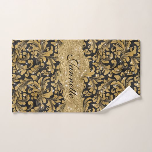 Chique Bloemen Glitterij Faux Zwart Goud Monogram Bad Handdoek (Handdoek)