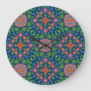 Chique Bloemen Rangoli Diep Blauw Acryl Wandklok Grote Klok
