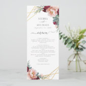 Chique bloemenblush bordeaux gouden bruiloft recep menu (Staand voorkant)
