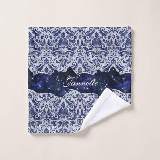 Chique bloemenglitterij Navy Blauw Zilver Monogram Bad Handdoek (Wasdoekje)