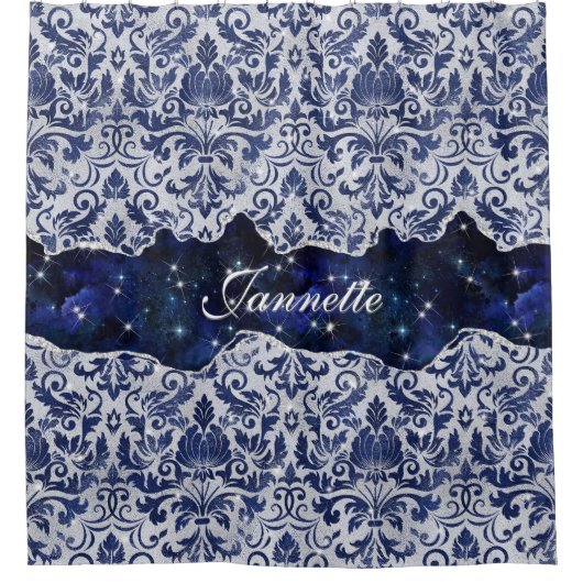 Chique bloemenglitterij Navy Blauw Zilver Monogram Douchegordijn (Voorkant)