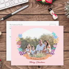 Chique bloemenkrans roze kerstfoto feestdagenkaart