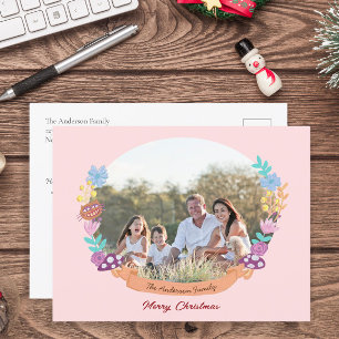 Chique bloemenkrans roze kerstfoto feestdagenkaart