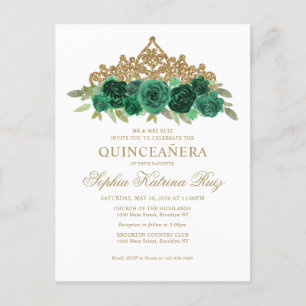 Chique bloemensmaragd groen goud tiara quinceañera briefkaart