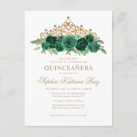 Chique bloemensmaragd groen goud tiara quinceañera briefkaart (Voorkant)