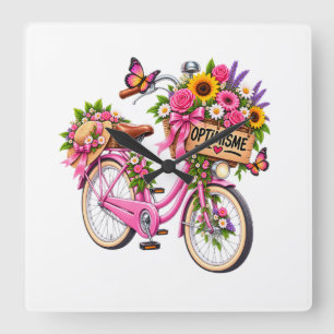 Chique bloemige wandklok – Roze bloemige fiets met Vierkante Klok