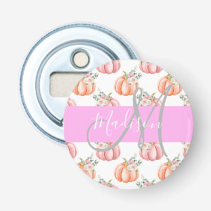 Chique Bloemige Witte Roze Perzik Pompoen Monogram Button Flesopener
