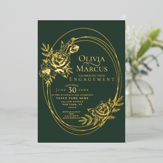 Chique bloemrijke rozenkrans trouw folie uitnodigi folie uitnodiging (Staand Voorkant)