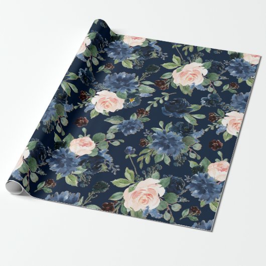 Chique Blooms | Donker Navy Blauw en Blush Pattern Cadeaupapier (Uitgerold)