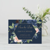 Chique Blooms | Donker Navy Blue en Blush Pink Fot Save The Date (Staand voorkant)