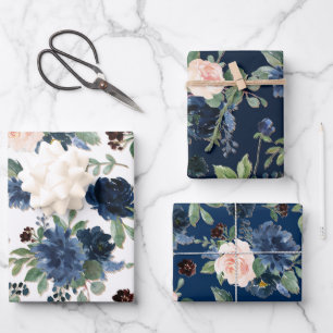 Chique Blooms   Navy Blauw en Blush Bloemen Patroo Inpakpapier Vel