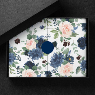 Chique Blooms   Navy Blauw en Blush Bloemen Patroo Tissuepapier