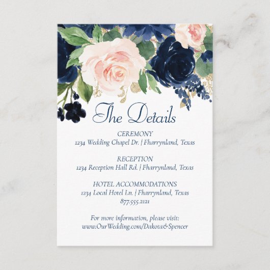 Chique Blooms | Navy Blue en Blush Gastgegevens Informatiekaartje (Voorkant)