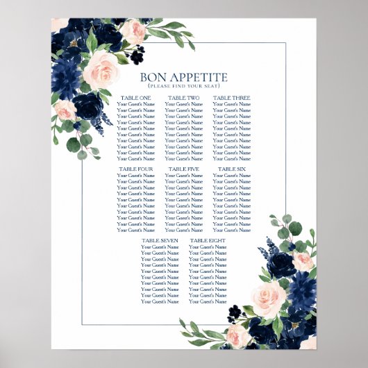 Chique Blooms | Navy en Blush Bloemen Zitkaarten Poster (Voorkant)