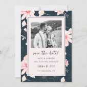 Chique Blush Bloemen Blauw Bruiloft Foto Save the Save The Date (Voorkant)