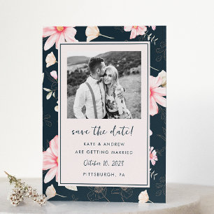 Chique Blush Bloemen Blauw Bruiloft Foto Save the  Save The Date