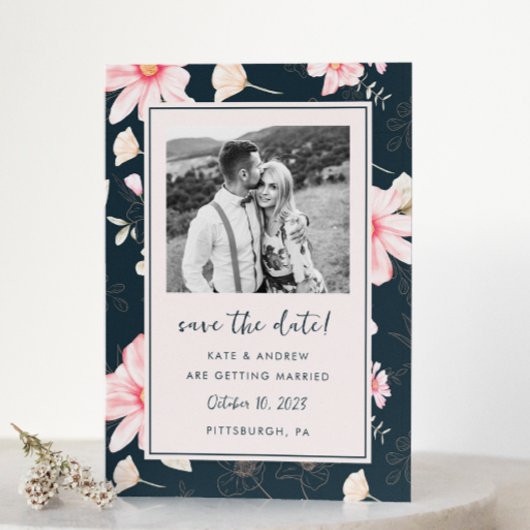 Chique Blush Bloemen Blauw Bruiloft Foto Save the Save The Date