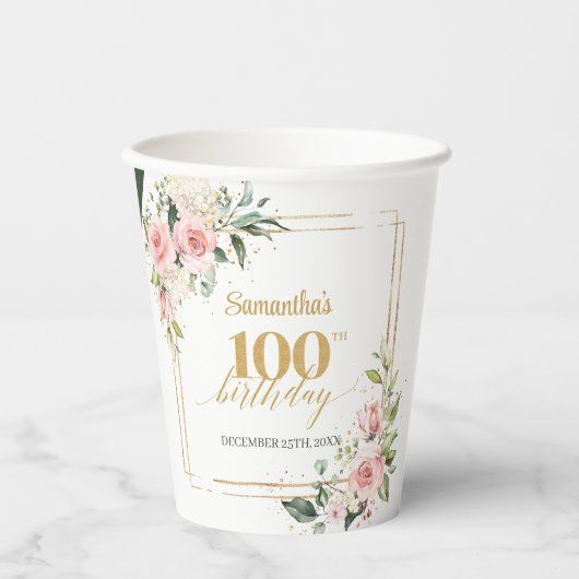 Chique blush bloemeneucalyptus goud 100e verjaarda papieren bekers (Voorkant)