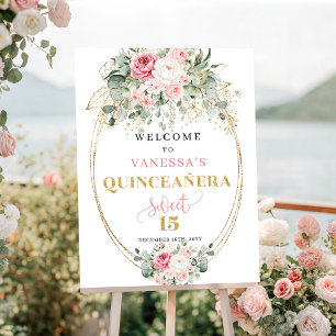 Chique blush bloemengoud pastel quinceañera welkom poster