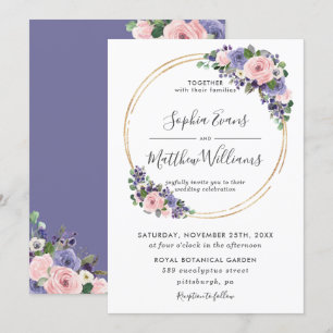 Chique Blush Lavendel Paarse Bloemen Gouden Bruilo Kaart