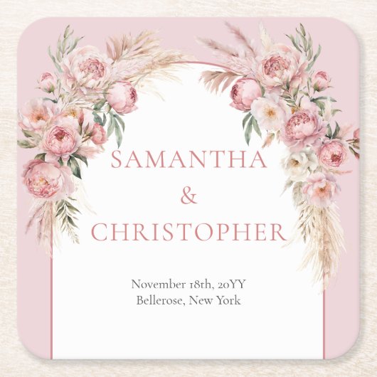 Chique blush pampas boho arch eucalyptus vierkante kartonnen onderzetter (Voorkant)