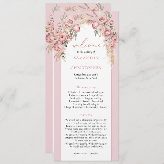 Chique blush peonies pampas boho arch boho program programma (Voorkant / Achterkant)