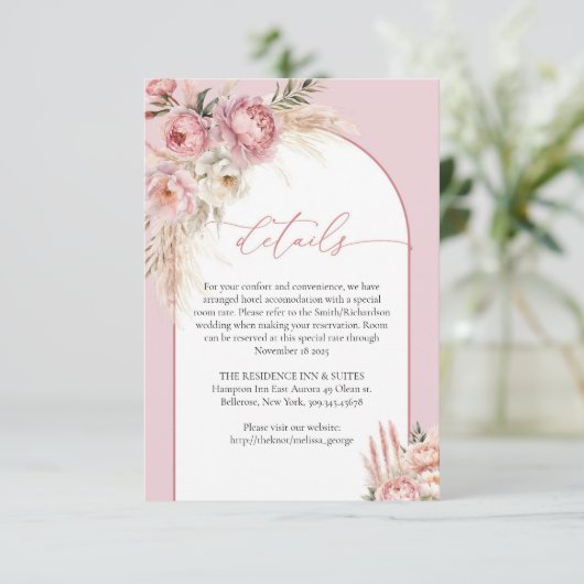 Chique blush peonies pampas boho boog details informatiekaartje (Staand voorkant)