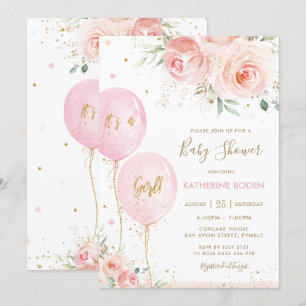 Chique Blush Roze Bloemen Ballonnen Goud Baby show Kaart